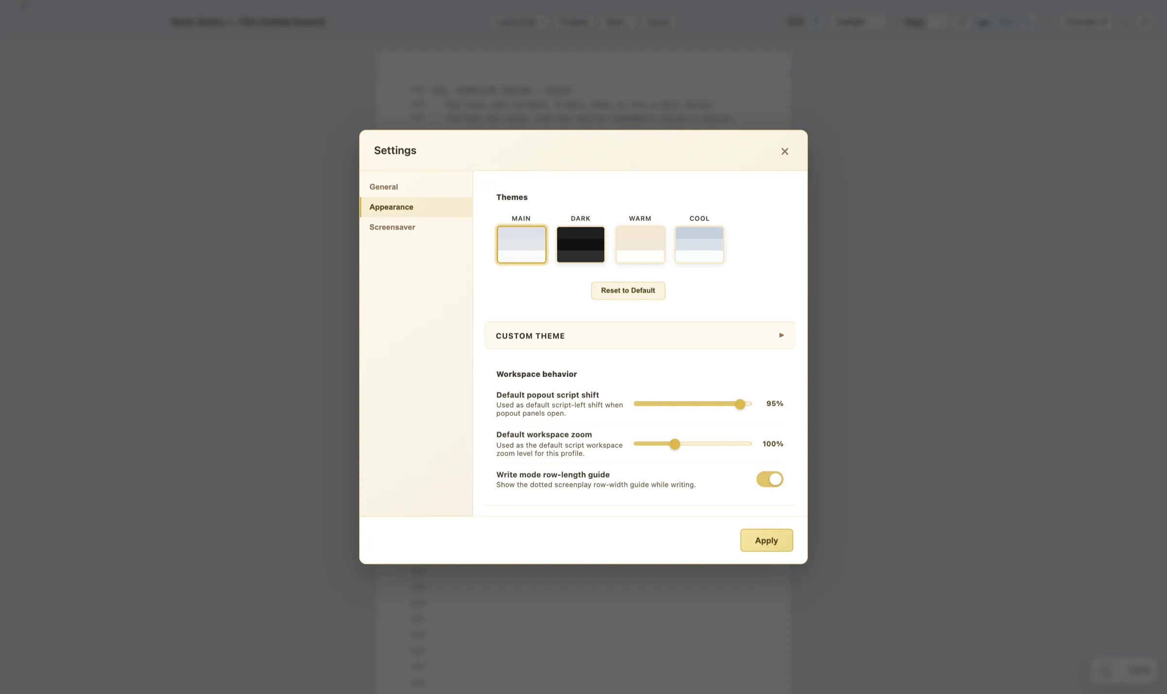 Appearance settings tab showing the Write mode row-length guide toggle under Workspace behavior